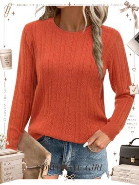 Women's Long Sleeve Crewneck Scallop Crochet Knit Pullover Sweater